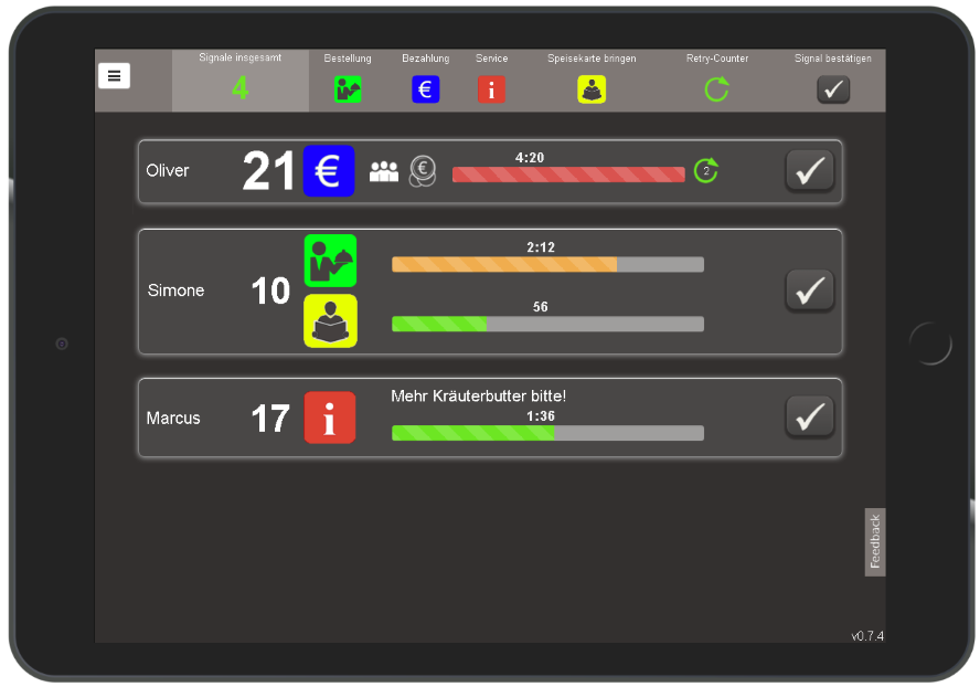 Waiter can see signals on tablet